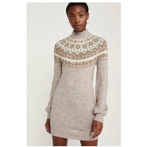 Abercrombie & Fitch Fair Isle Mock Neck Sweater Dress Size M Tan Beige Neutral - Picture 8 of 8
